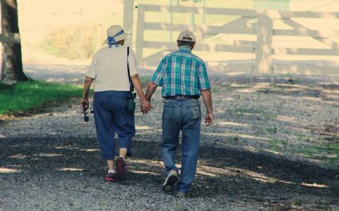 Two people holding hands walking on a gravel road